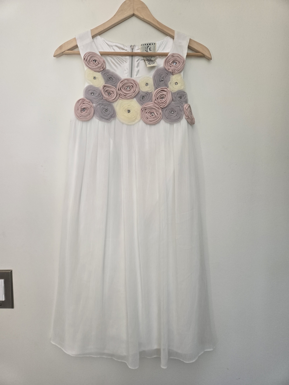 Ice White Dress with Pink, Cream, Lavender Rosettes